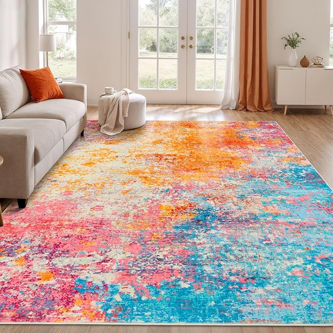 Rugflix 6x9 Area Rugs for Living Room, Washable Colorful Rainbow Rug Stain-Resistant Low Pile, Large Carpet Non-Slip for Kids Girls Room Nursery Bedroom Home Office