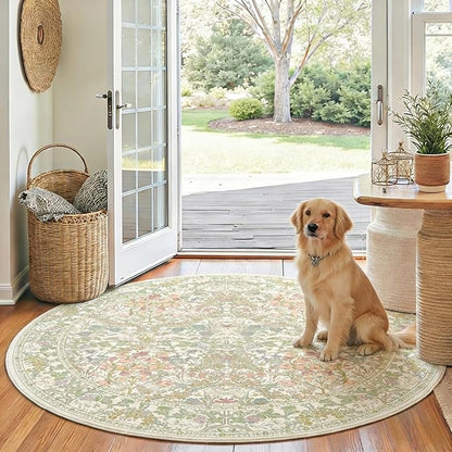 Sage Green 4ft Round Rug for Entryway - Small Circle Rug for Nursery, Living Room, Bedroom, Home Office, Boho Washable Non Slip Soft Carpet Décor