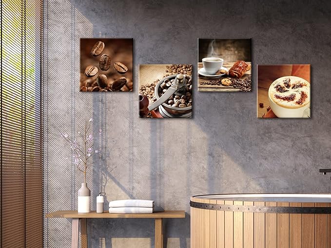 Wieco Art 4 Panels Coffee Bean Kitchen Canvas Wall Art Coffee Cup Canvas Prints Wall Decor Dining Room Canvas Art Contemporary Pictures for Kitchen Bar Decoration