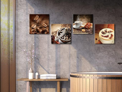 Wieco Art 4 Panels Coffee Bean Kitchen Canvas Wall Art Coffee Cup Canvas Prints Wall Decor Dining Room Canvas Art Contemporary Pictures for Kitchen Bar Decoration