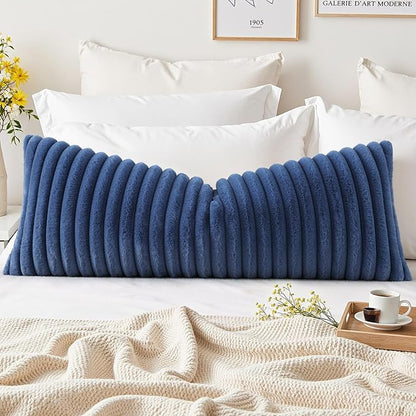 decorUhome Cozy Faux Fur Throw Pillow Covers 14x36 Set of 1 Decorative Soft Plush Striped Lumbar Modern Farmhouse Boho Couch Pillow Cases with Velvet Back for Sofa Bed Living Room, Navy Blue