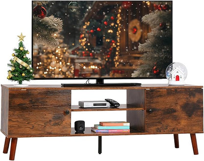 PayLessHere TV Stand for 55/60 Inch TVs,Modern Media Console with 2 Storage Cabinets and Open Shelves,Entertainment Center for Living Room, Bedroom,Brown