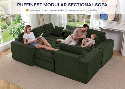 MAXYOYO Modular Sectional Sofa with Ottoman and Loveseat, Cloud Boneless Couch with Layered Cushion, Flexible Module Combination Sofa for Living Room, No Assembly Required,Dark Green