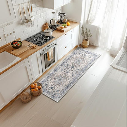 BESTSWEETIE 2x6 Area Rug Washable Rugs for Living Room, No Pile Boho Carpet for Entryway Bedroom Dinning Room, Vintage Carpet Print Distressed Non-Slip, 2 x 6 ft, Beige Blue