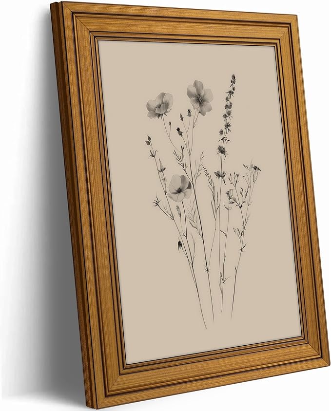 Vintage Gold Framed Canvas Wall Art, Minimalist Floral Poster Artwork, Wildflower Print Picture, Flower Plant Painting Wall Decor, for Living Room, Bedroom, Farmhouse, Home Decoration, 16x24in