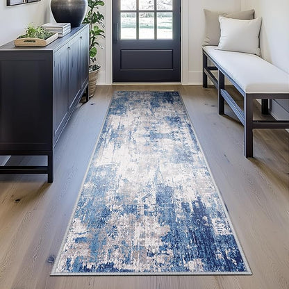 RELEANY Washable Area Rugs 2'x6' Non-Slip Modern Abstract Soft for Living Room Entryway Bedroom Nursery, Print Pattern, Blue Grey Navy Gray