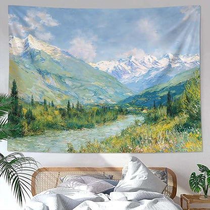 Leeisysme Mountain Landscape Tapestry, Monet Nature Wall Art, Clouds Flowing River for Living Room Bedroom Classroom Dorm Decor, Green 36x48 inches