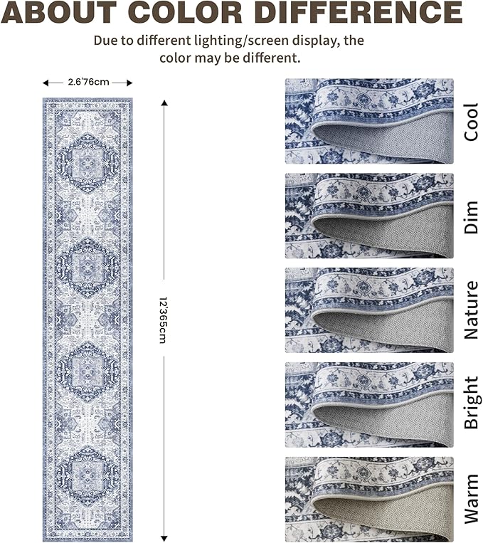 Washable 2.6x12 Runner Rug - Non Slip Long Vintage Hallway Runner Rugs for Kitchen Stain Resistant Indoor Mat Waterproof Carpet for Living Room Entryway Bedroom Laundry Navy/Blue