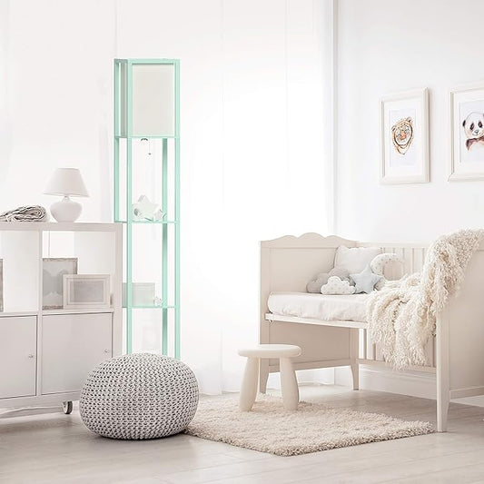 Simple Designs LF1014-AQU-LB Three Shelf Etagere Organizer Storage Floor Lamp with White Linen Shade for Living Room, Bedroom, Office, Hallway, Aqua, with Feit LED Bulb Included