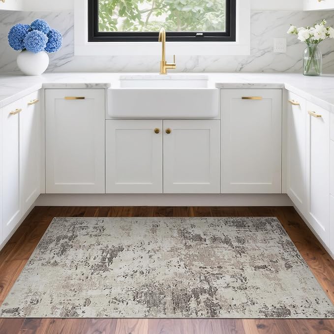 ROYHOME Modern Abstract 2x3 Area Rug Non Slip Non Shedding Low Pile Stain Resistant Rug for Entryway Kitchen Bedroom,Brown Grey