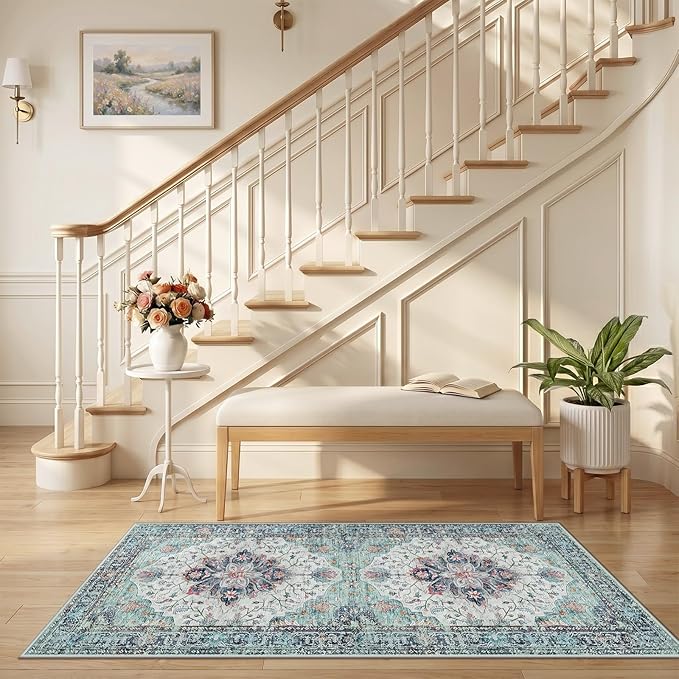 RELEANY Area Rugs 2'6"x5' Runner Rug Non Slip Washable for Kitchen Hallway Bedroom Beside Laundry Room Bathroom Rug, Floor Carpet, Green Navy Blue White Red Teal Colorful