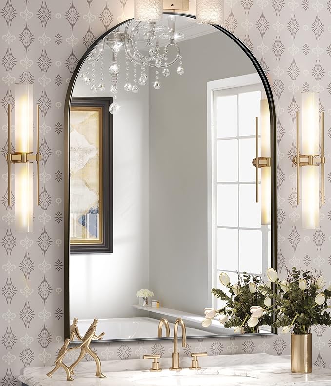 Arched Bathroom Mirrors Set of 2, 24x32 Black Rust-Resistant Metal Frame Vanity Mirror, HD Shatter-Resistant Wall Mirror for Over Sink, Modern Bathroom Mirror for Bedroom, Entryway, Living Room