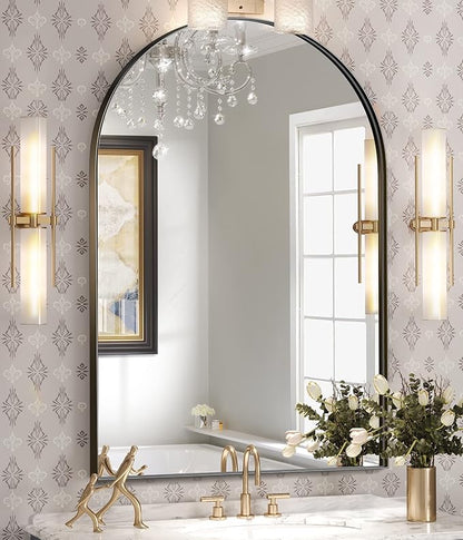 Arched Bathroom Mirrors Set of 2, 24x32 Black Rust-Resistant Metal Frame Vanity Mirror, HD Shatter-Resistant Wall Mirror for Over Sink, Modern Bathroom Mirror for Bedroom, Entryway, Living Room