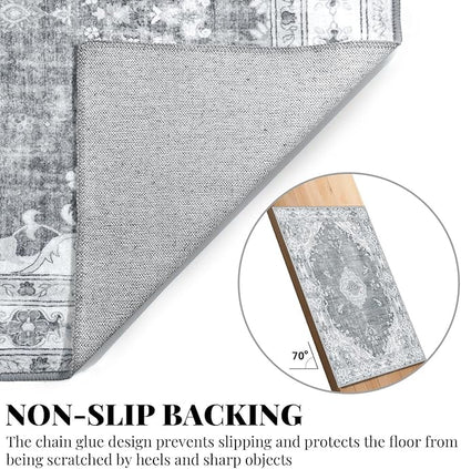 MUJOO 9’x12’ Area Rug Large Rugs for Living Room Bedroom Dining Room,Boho Washable Non Slip Bohemian Vintage Distressed Farmhouse Non Slip Big Carpet,Grey Floral Flowers