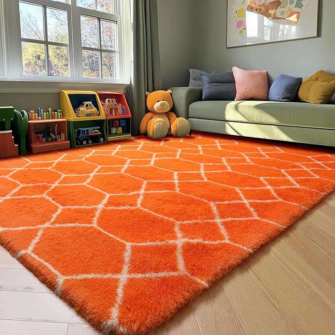 ONASAR Area Rugs for Bedroom Living Room, 4x6 Fluffy Orange and White Throw Rug, Geometric Soft Shaggy Fuzzy Plush Indoor Floor Carpet for Kids Teen Nursery Dorm Office Home Decor Aesthetic