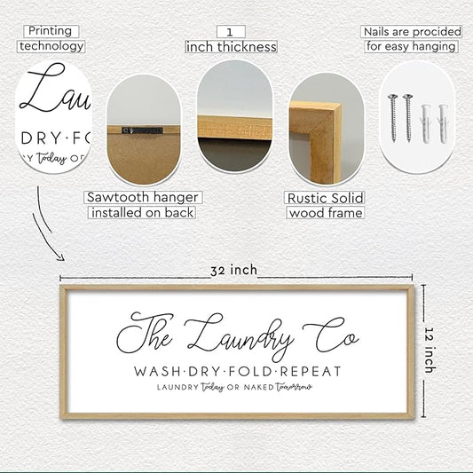 Laundry Room Wall Decor 32"×12" Laundry Today Or Naked Tomorrow Sign Wash Dry Fold Repeat Large Funny Farmhouse Vintage Quote Humorous Hanging Art (Wood)