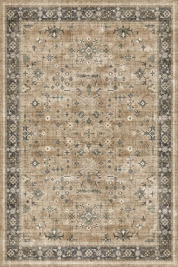 Boho Earth Tone 4x6 Large Entryway Rug - Distressed Natural Taupe Washable Mudroom Area Rug, Modern Vintage Kitchen Floor Carpet, Low Pile Non-Slip Carpet for Door Mat Indoor Entrance
