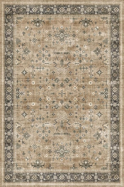 Boho Earth Tone 4x6 Large Entryway Rug - Distressed Natural Taupe Washable Mudroom Area Rug, Modern Vintage Kitchen Floor Carpet, Low Pile Non-Slip Carpet for Door Mat Indoor Entrance
