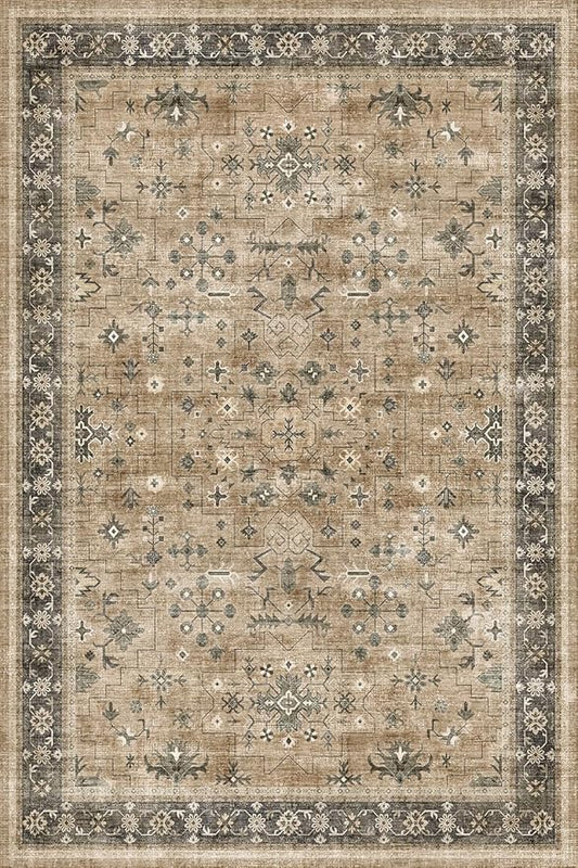 Boho Earth Tone 4x6 Large Entryway Rug - Distressed Natural Taupe Washable Mudroom Area Rug, Modern Vintage Kitchen Floor Carpet, Low Pile Non-Slip Carpet for Door Mat Indoor Entrance