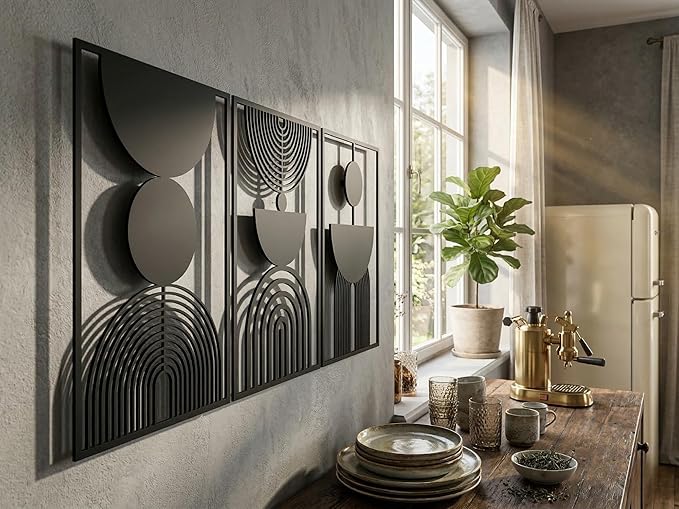 Vailla Boho Minimalist Wall Art, Set of 3 Wooden Wall Decoration, Mid-Century Modern Wall Decor, Large 3D Textured Sculptures, Bohemian Style - Ideal for Living Room, Bedroom, Bathroom