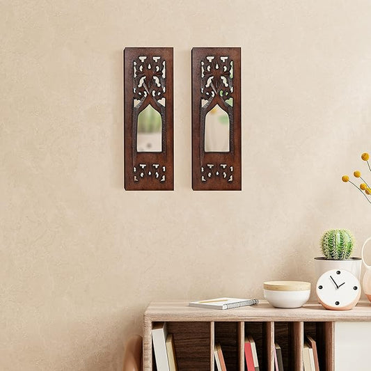 The Wooden Town Wall Hanging Plaques Wall Décor Jharokha With Mirror, Elegant Sculpture Wall Décor Panel to Enhance the Décor of Your Room or Office - 12x4 Inch - Burnt Set of 2