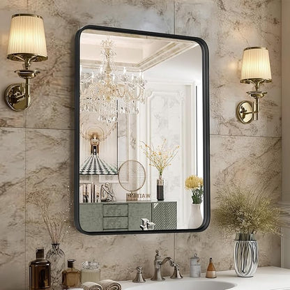 OLIXIS Bathroom Mirror for Over Sink, 24x36 Inch Wall Rectangle Mirror with Matte Metal Framed, Modern Wall Mount Vanity Mirror for Home Decor, Living Room, Bedroom, Black
