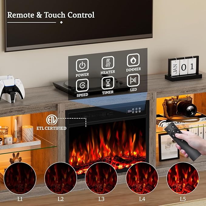Kucreiheat 70'' TV Stand with 23'' Fireplace-Entertainment Center with LED Light for 75 inch TV-Grey Fireplace Stand with Adjustable Glass Shelves, Modern TV Console for Living Room/Bedroom