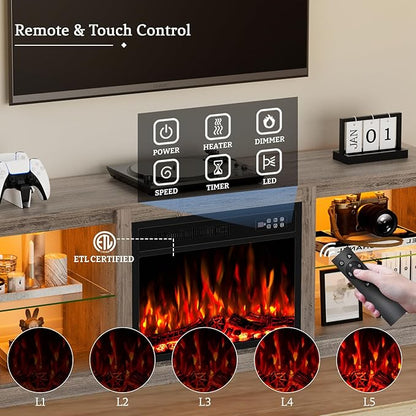 Kucreiheat 70'' TV Stand with 23'' Fireplace-Entertainment Center with LED Light for 75 inch TV-Grey Fireplace Stand with Adjustable Glass Shelves, Modern TV Console for Living Room/Bedroom