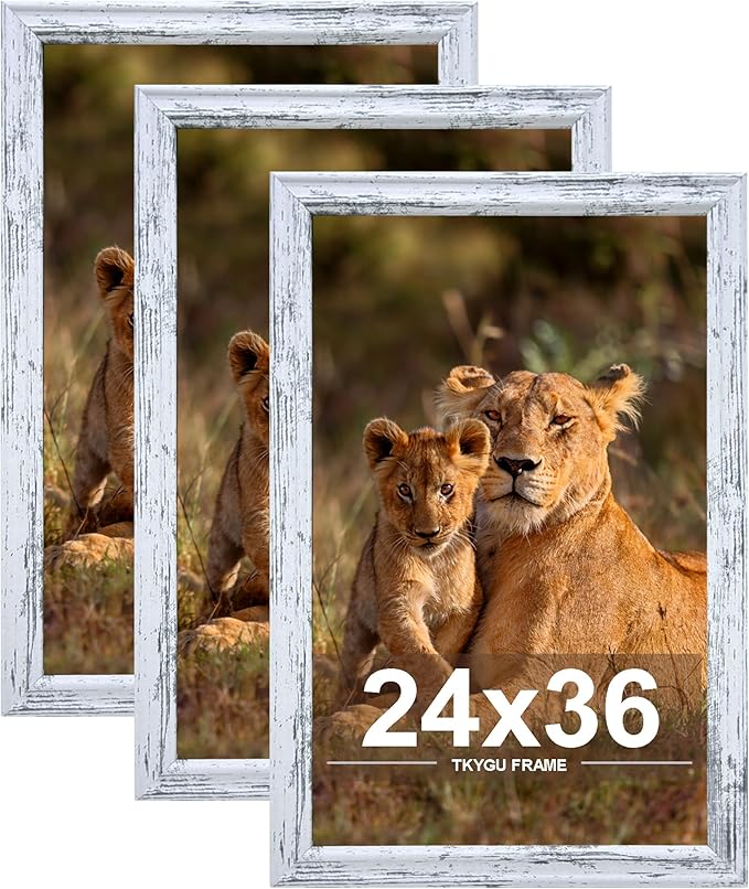 24x36 Picture Frame set of 3, Woode Frame Rustic White, Vertical & Horizontal Wall Hanging Large Studio Gallery Poster Frame for Photos, Posters - Art Prints best gift