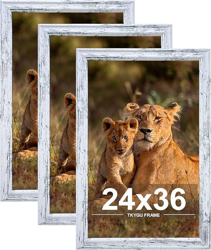 24x36 Picture Frame set of 3, Woode Frame Rustic White, Vertical & Horizontal Wall Hanging Large Studio Gallery Poster Frame for Photos, Posters - Art Prints best gift