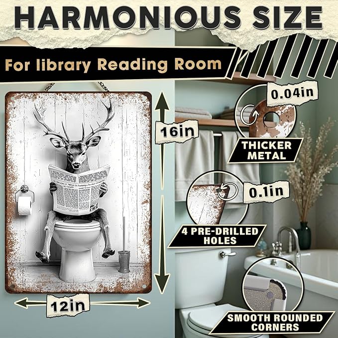 Funny Metal Bathroom Signs Deer Vintage Tin Sign for Bathroom & Restroom Black and White Decor 12x16 Inch