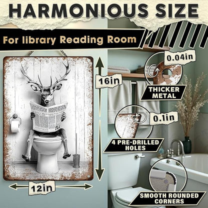 Funny Metal Bathroom Signs Deer Vintage Tin Sign for Bathroom & Restroom Black and White Decor 12x16 Inch