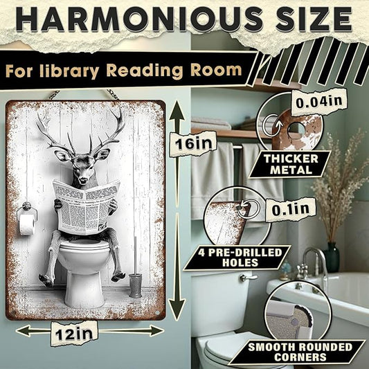Funny Metal Bathroom Signs Deer Vintage Tin Sign for Bathroom & Restroom Black and White Decor 12x16 Inch