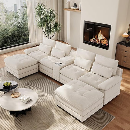 134"U Shaped Sectional Couches for Living Room, Oversized Modular Sectional Fluffy Couch with 2 Ottoman & Storage Console,Modern 6 Seat Living Room Sofa with Glitter Fabric,Tufted Buttons, Beige
