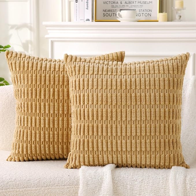 2 Pack Corduroy Decorative Throw Pillow with Inserts, 18x18 Inch Soft Boho Throw Pillow, Square Striped Throw Pillows for Couch, Bed, Sofa Decor (Golden Brown)