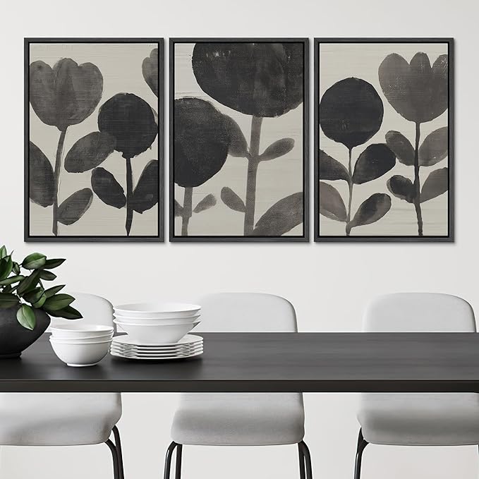 SIGNLEADER Framed Canvas Print Wall Art Set Black Ink Floral Silhouette Neutral Illustrations Minimal Decorative Bohemian Nordic for Living Room, Bedroom, Office - 16"x24"x3 BLACK