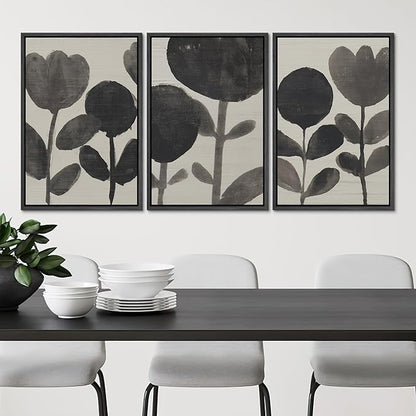 SIGNLEADER Framed Canvas Print Wall Art Set Black Ink Floral Silhouette Neutral Illustrations Minimal Decorative Bohemian Nordic for Living Room, Bedroom, Office - 16"x24"x3 BLACK