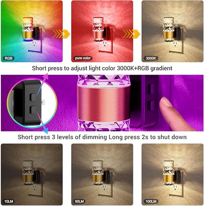 JandCase Night Lights Plug into Wall,2 Pack Color Changing Night Light for Kids, 3000K+RGB 10-Color LED Nightlight with Light Sensor, 10/50/100LM Adjustable Brightness for Rooms Home Decor