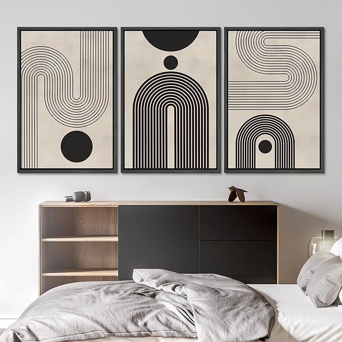 SIGNLEADER Framed Canvas Print Wall Art Set Duotone Geometric Black & White Polygons Abstract Modern Art Geometric Zen Mid-Century for Living Room, Bedroom, Office - 16"x24"x3 BLACK