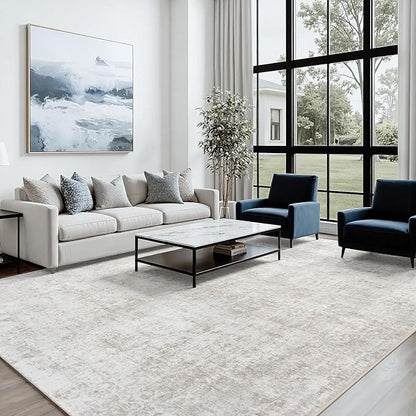 Area Rug 6x9 Living Room Rug Washable: No-Slip Abstract Soft Thin Large Light Brown Off-White Rugs, Indoor Floor Stain Resistant Modern Carpet for Bedroom Dining Room Farmhouse Nursery Home Office