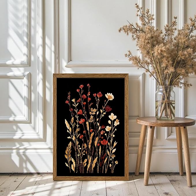 JLTULT Vintage Floral on Black Background Canvas Wall Art, Elegant Dark Wildflower Wall Decor, Botanical Painting Art Prints for Bedroom Bathroom Living Room Office 20x30 In Wood Framed Easy to Hang