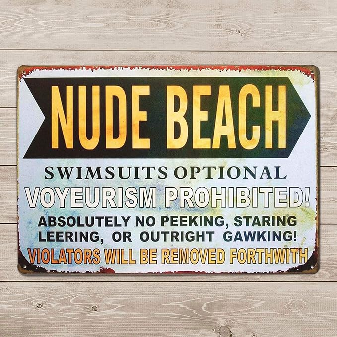 Nude Beach Metal Sign, Swimsuits Optional Voyeurism Prohibited Humorous Tin Sign, Vintage Rustic Beach Decor