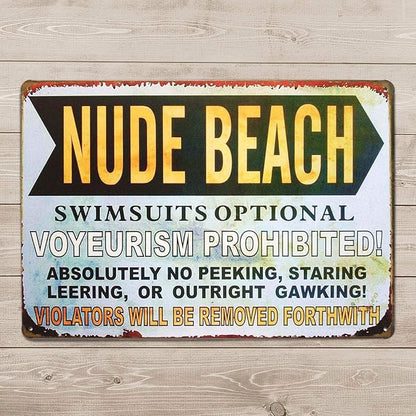 Nude Beach Metal Sign, Swimsuits Optional Voyeurism Prohibited Humorous Tin Sign, Vintage Rustic Beach Decor