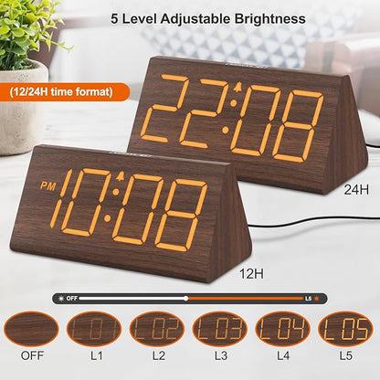 DreamSky Wooden Digital Alarm Clocks for Bedrooms - Electric Desk Clock with Large Numbers, USB Port, Loud Alarm for Heavy Sleepers, Adjustable Volume, Dimmer, Snooze, DST, Wood Décor, Adapter Powered