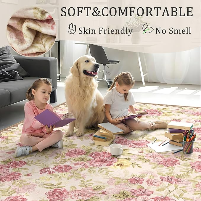 6ft Round Machine Washable Area Rug for Living Room, Pink Vintage Boho Floral Rug Large Non-Slip Low Pile Soft Faux Wool Carpet, Kids and Pets Friendly for Bedroom Nursery Farmhouse Home Decor Rug