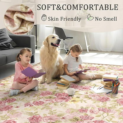 2x6 Machine Washable Runner Rug, Kitchen Hallway Area Rug Pink Vintage Boho Floral Ultra Non-Slip Low Pile Soft Faux Wool Carpet, Kids and Pets Friendly for Bedroom Entryway Nursery Home Decor Rug