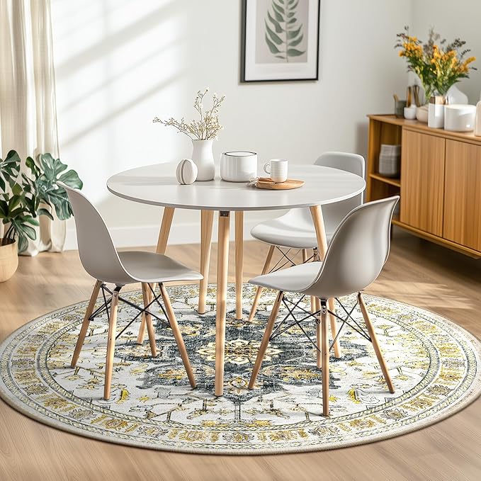 BESTSWEETIE 6ft Area Rug Washable Rugs for Living Room, No Pile Boho Carpet for Entryway Bedroom Dinning Room, Vintage Carpet Print Distressed Non-Slip, 72" Round, Grey Brown