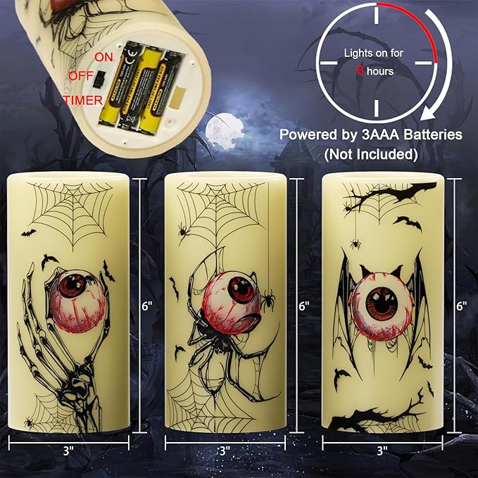 Halloween Flameless Flickering Candles Battery Operated with Timer, 3 Pack Real Wax LED Pillar Candles Spooky Bloody Eyes Spider Decals Dinner Halloween Decorations Indoor(3" D x 6" H)