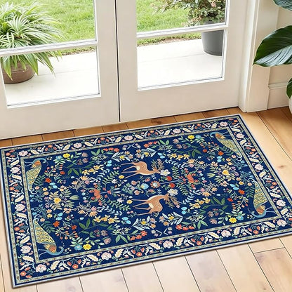 Lunasun 2x3 Washable Bathroom Rug, Small Throw Rugs for Kitchen, Powder Room, Front Door Indoor Entrance, Non Slip Low Pile Stain Resistant, Blue Colorful Floral Aethestic
