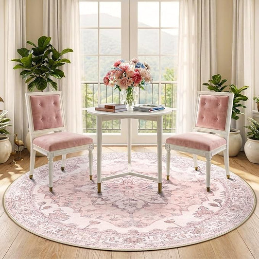 RELEANY Area Rugs Round 5ft Washable Non-Slip, Floral Vintage Distress Print Pattern Medallion Carpet for Living Room Bedroom Dining Room, Pink Greypink Cute